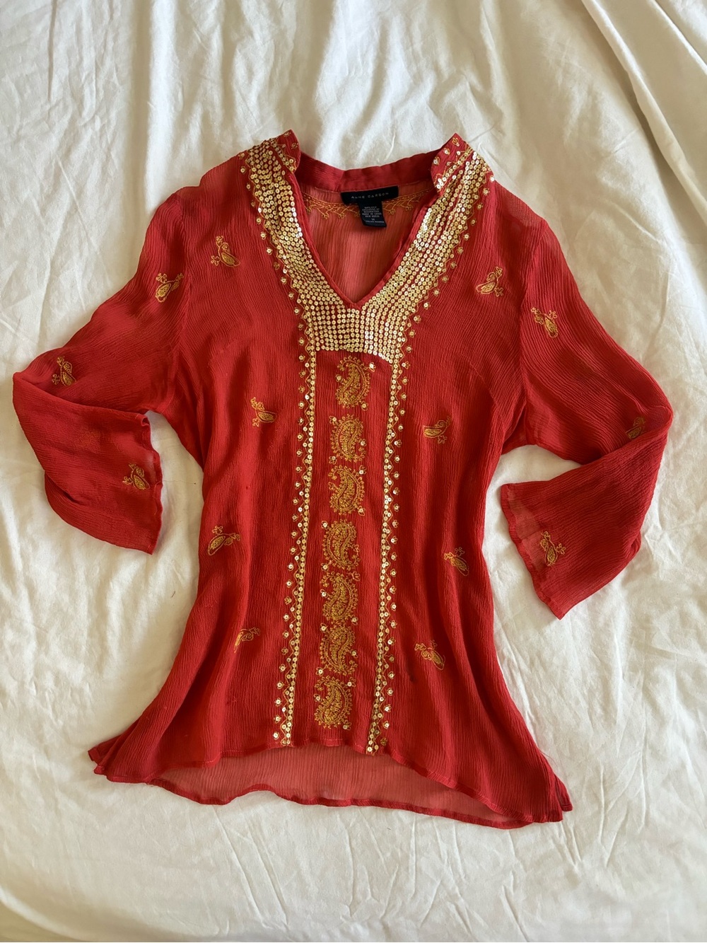 Anne carson 100% silk beaded sheer boho fairy top medium